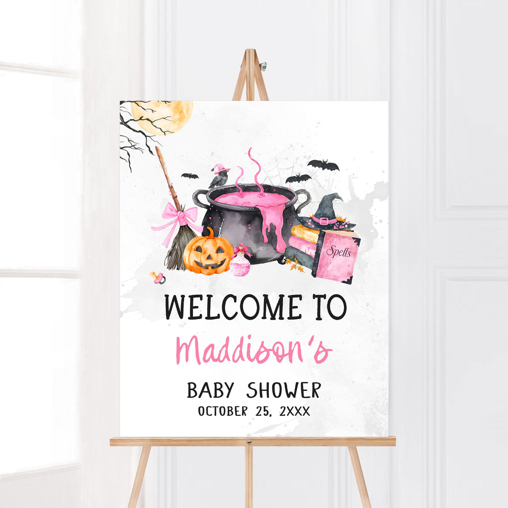 Pink Halloween baby shower welcome sign, spooky pumpkin and witch cauldron baby girl brewing design