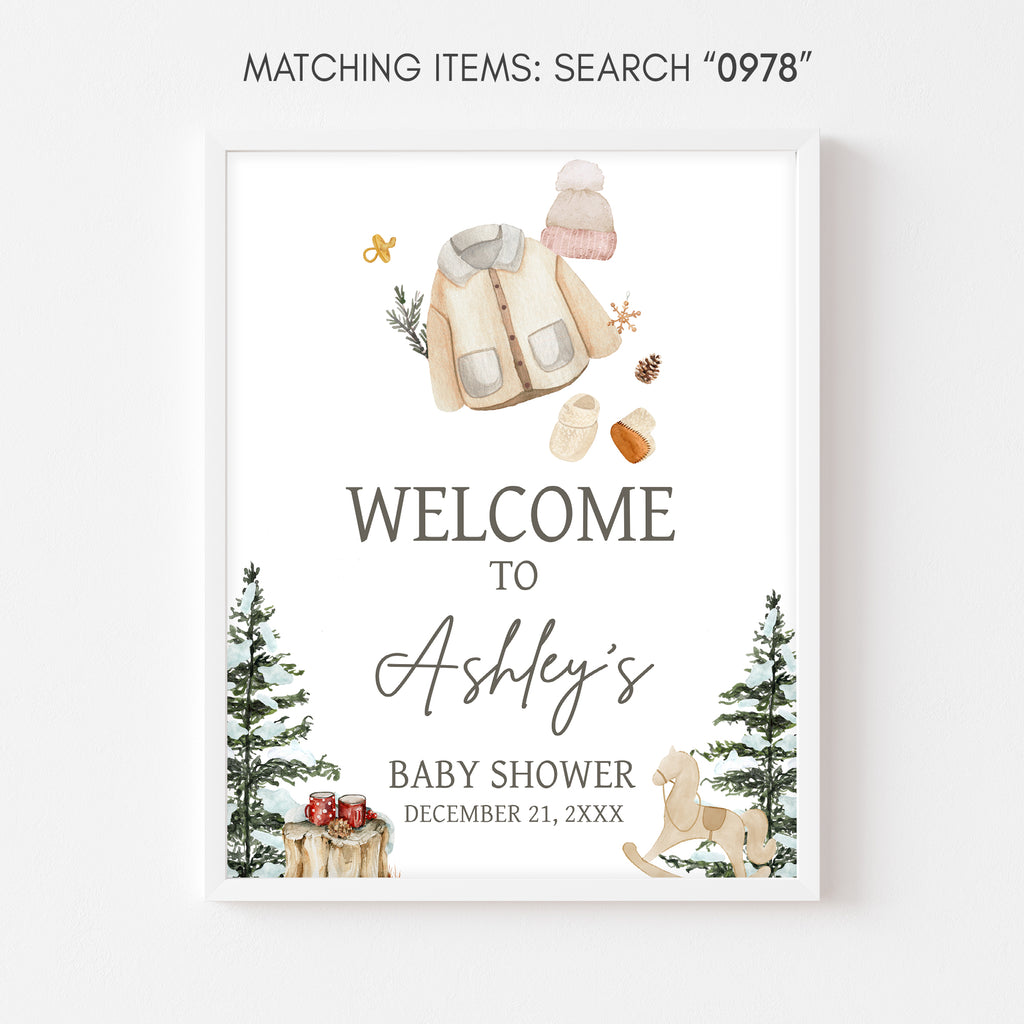 Cozy woodland winter baby shower welcome sign, printable template