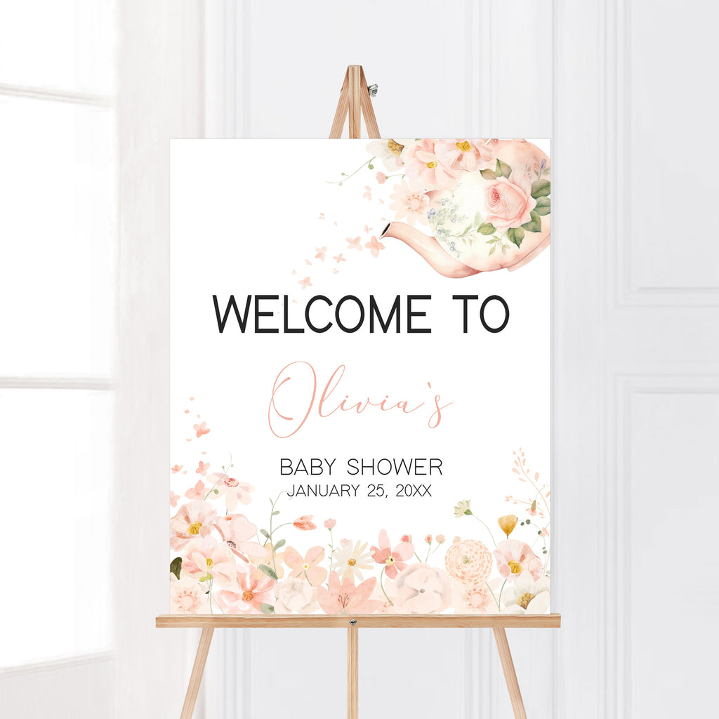 Spring tea party baby shower welcome sign with floral tea pot artwork