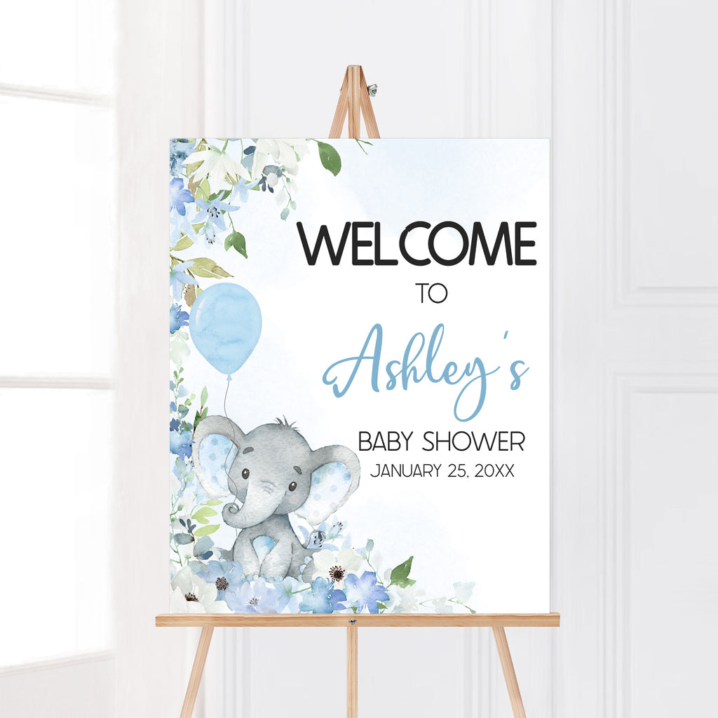 Spring elephant boy baby shower welcome sign with elephant and blue floral little peanut theme