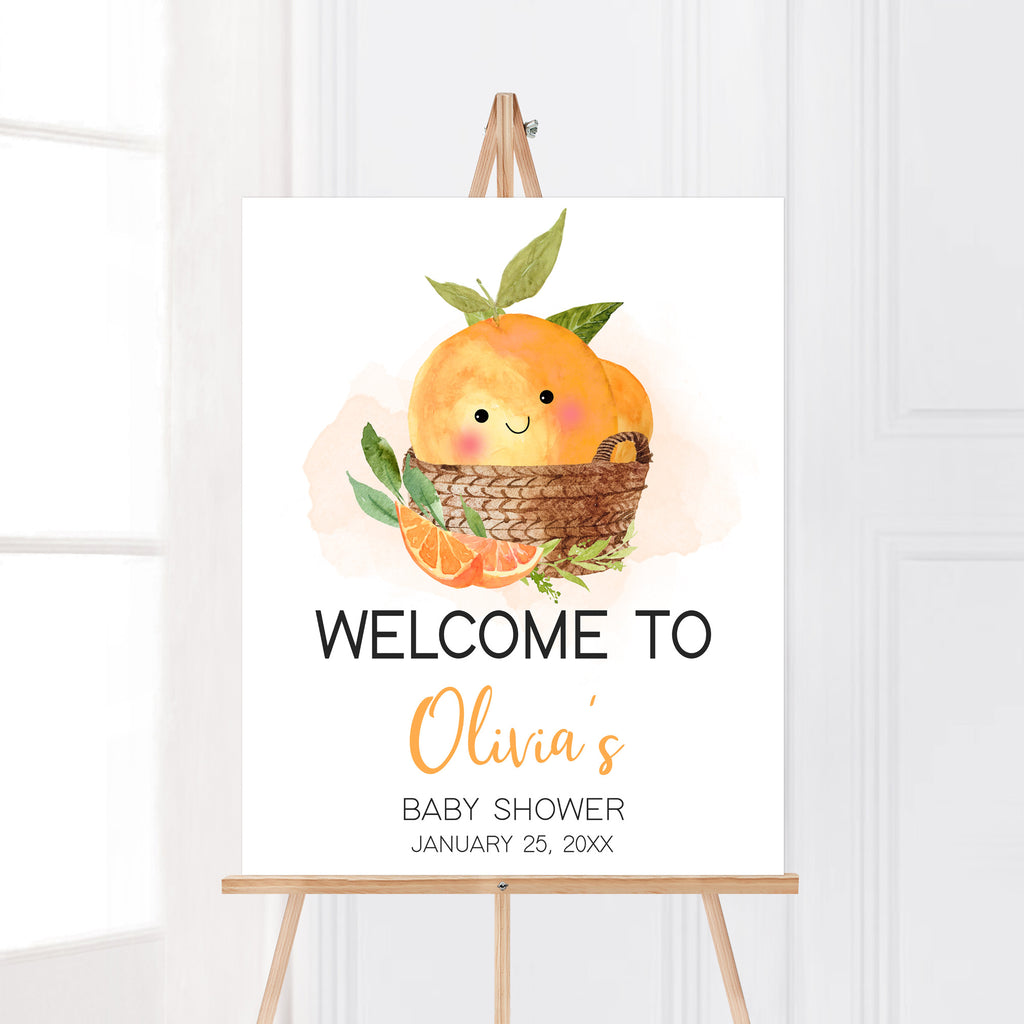 Little cutie welcome sign for citrus baby shower with orange fruit theme