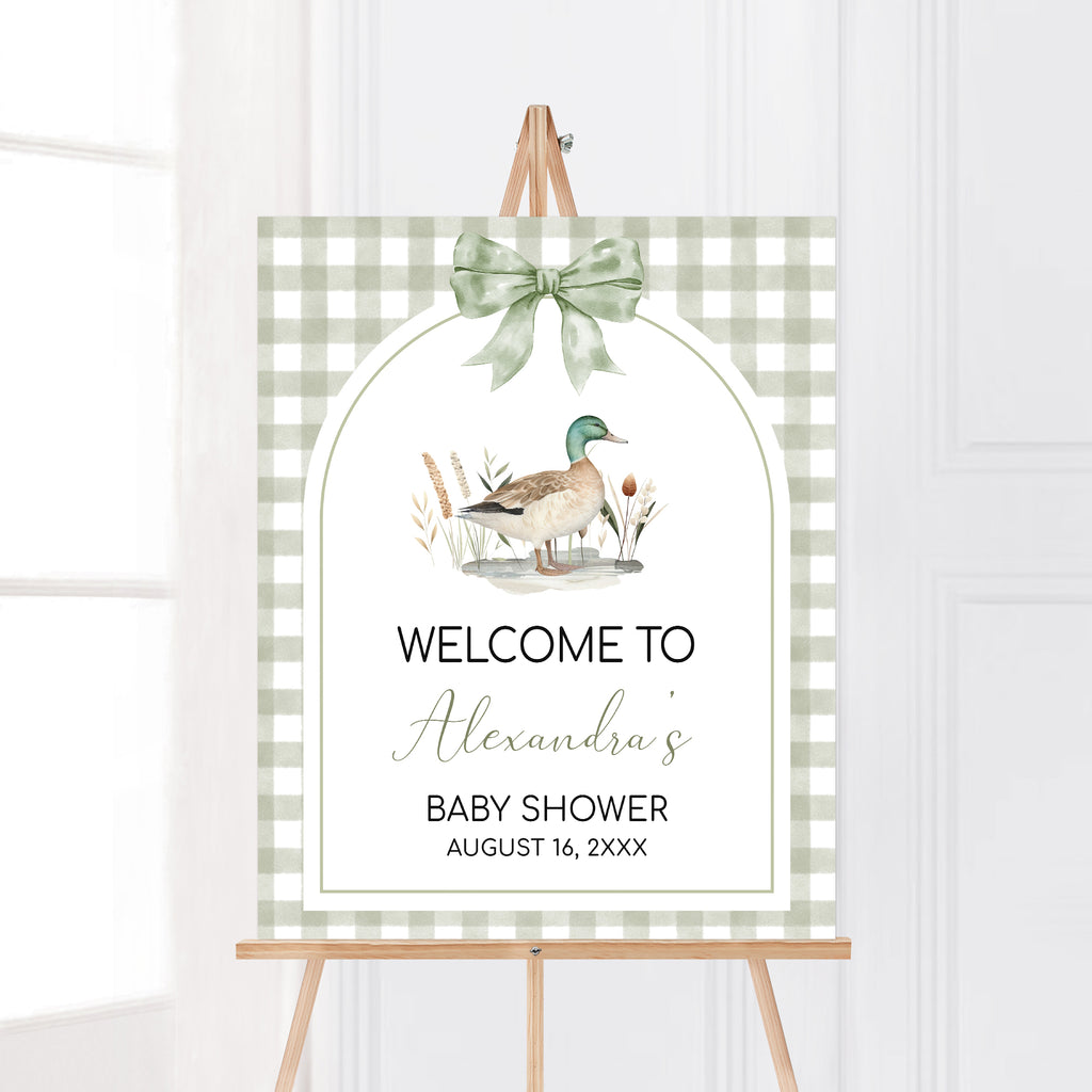 Rustic duck baby shower welcome sign in sage green gingham, gender neutral printable