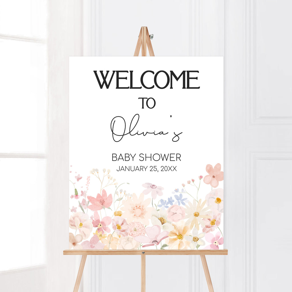 Wildflower spring baby girl welcome sign for floral baby shower decor