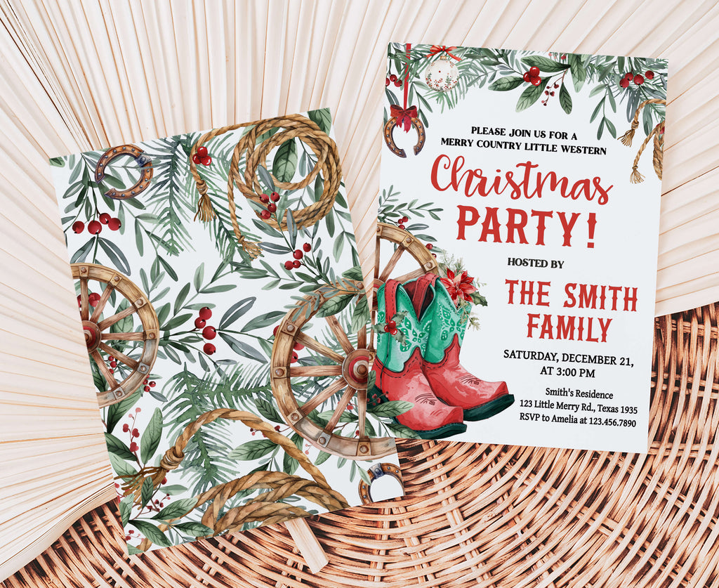 Country cowboy boots holiday invitation for festive gatherings