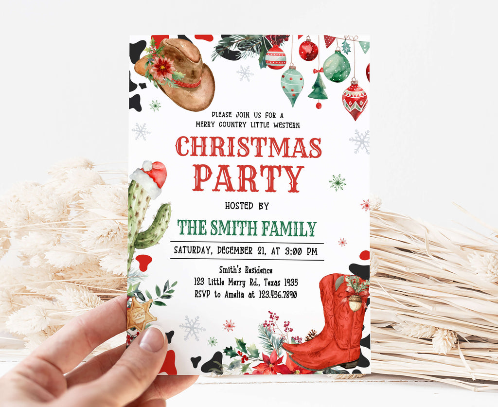 Editable cowboy Christmas invitation with cactus and boots design