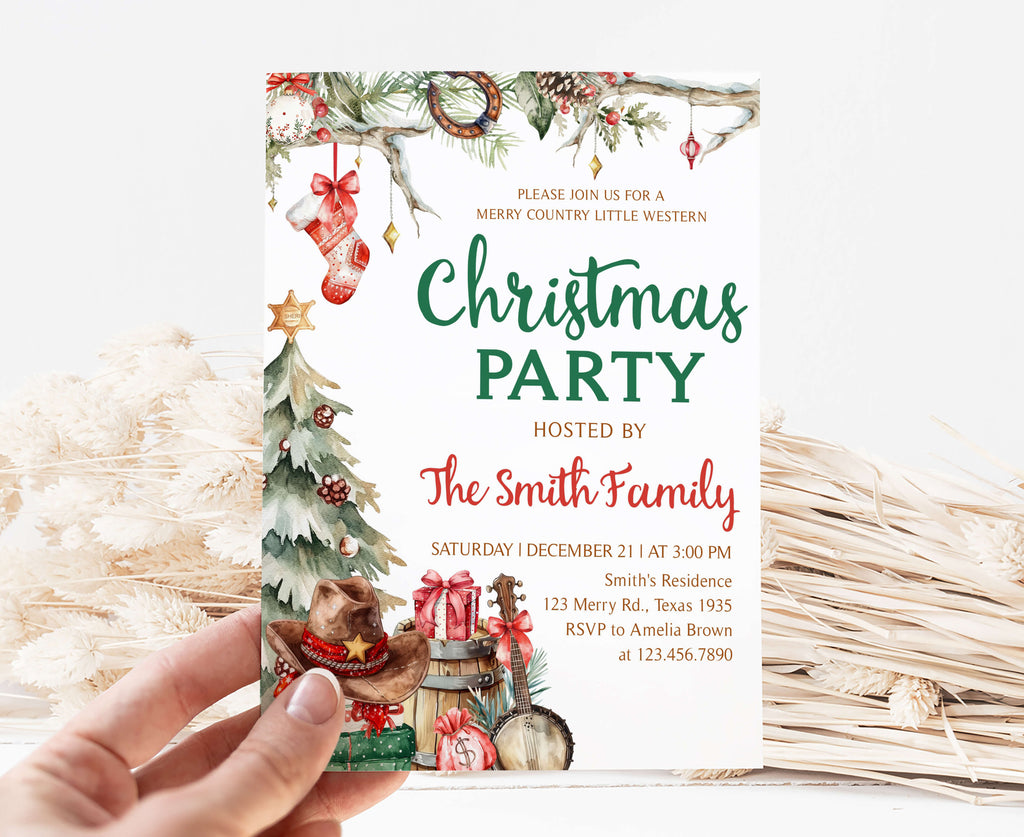 Rustic cowboy Christmas invitation with tree and banjo design