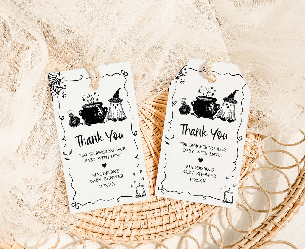 Halloween baby shower favor tags, ghost and cauldron brewing theme, spooky gender neutral