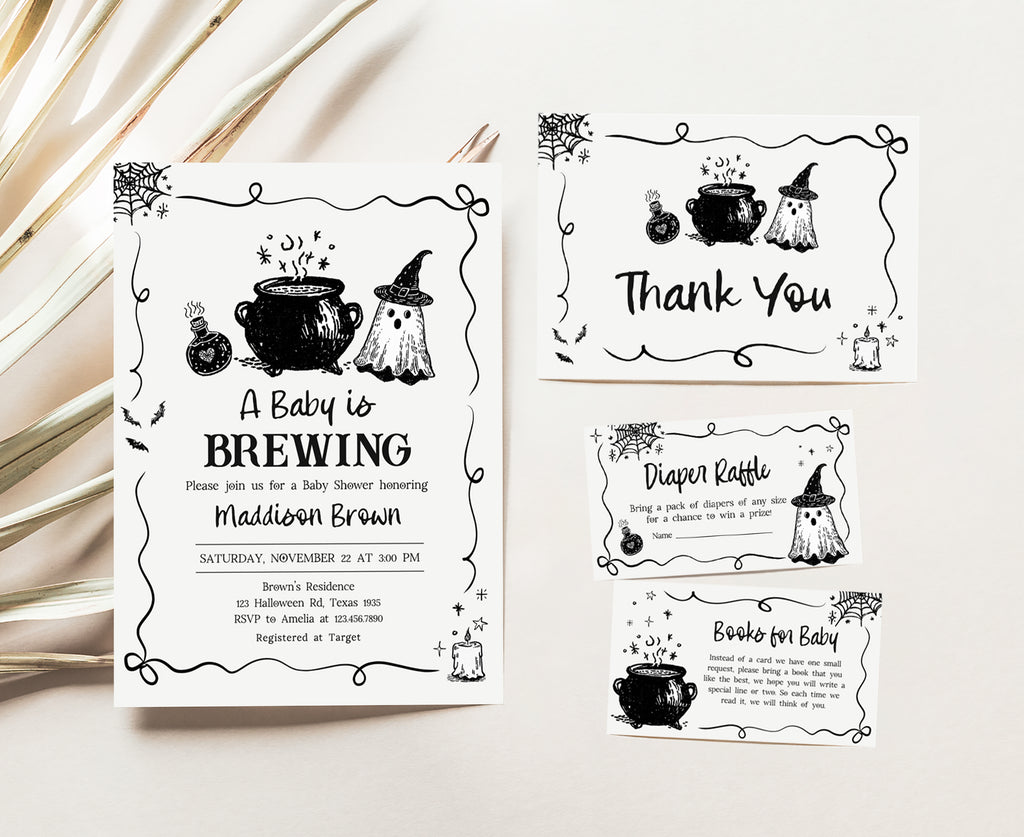 A baby is brewing invitation set, spooky Halloween baby shower bundle, gender neutral