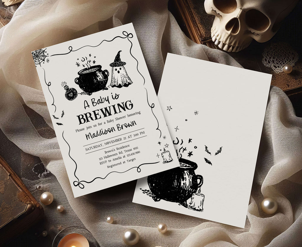 Editable spooky baby shower invite template, A baby is brewing cauldron and ghost design