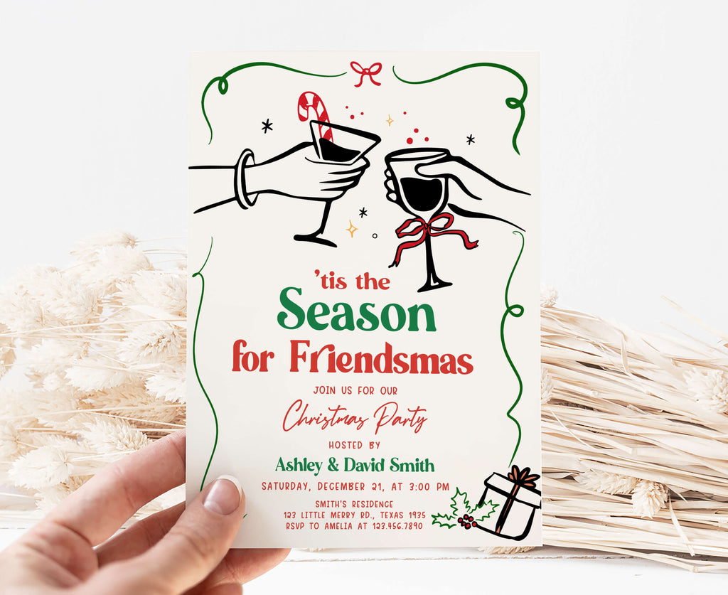 Printable Friendsmas holiday invitation with wine glasses design