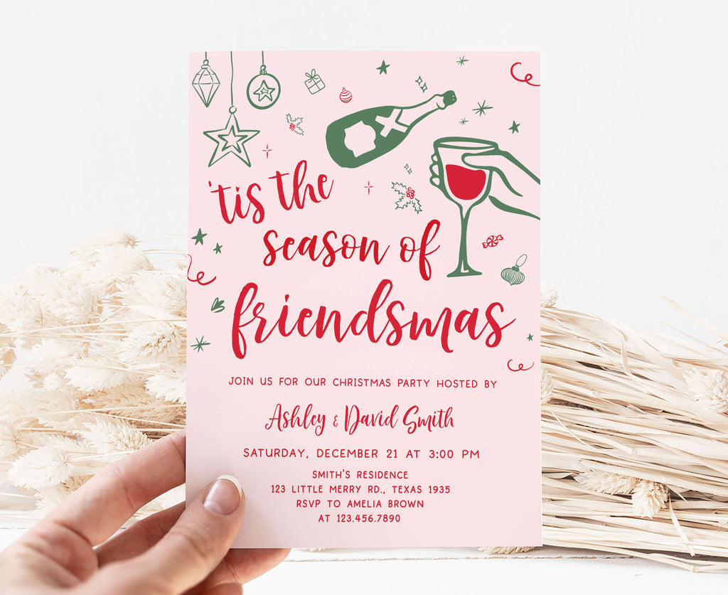 Printable Friendsmas Christmas invitation with champagne and wine glasses
