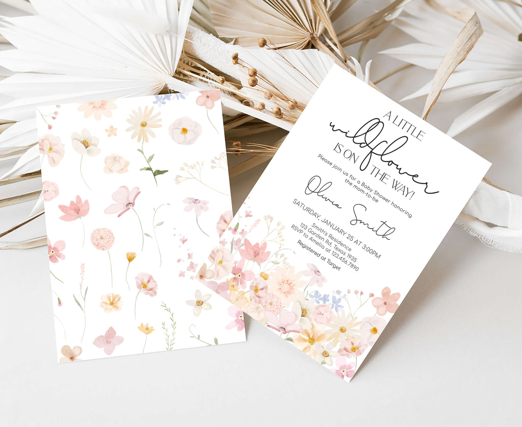 Floral baby shower invitation with dried plants on a white background