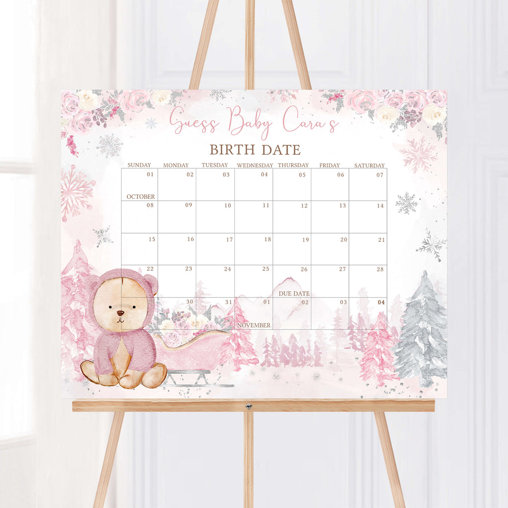 Pink Winter Bear Baby Shower Due Date Calendar