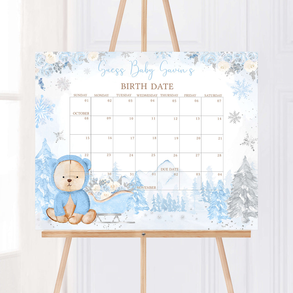 Blue Winter Bear Baby Shower Due Date Calendar