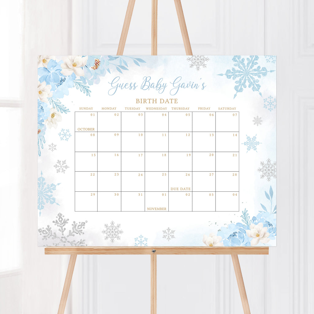 Blue A Little Snowflake Baby Shower Due Date Calendar
