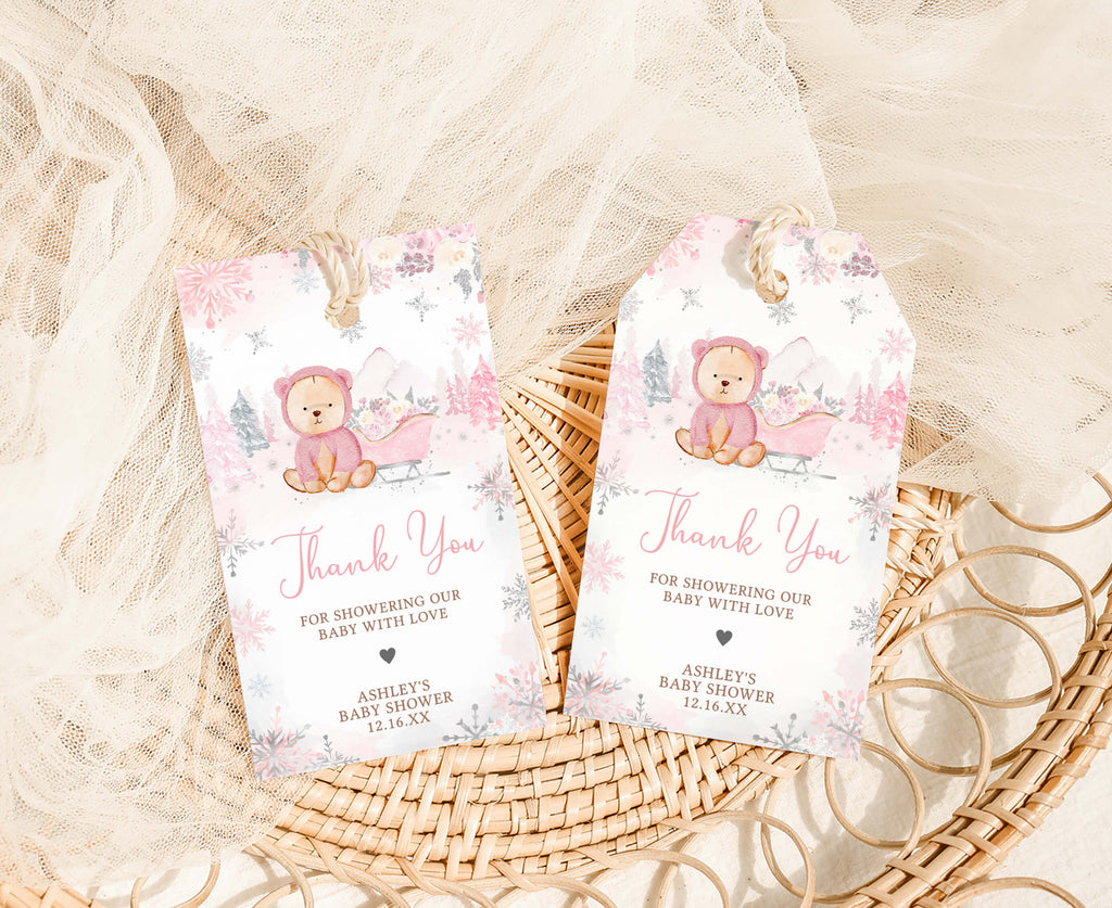 Pink Winter Bear Baby Shower Favor Tag