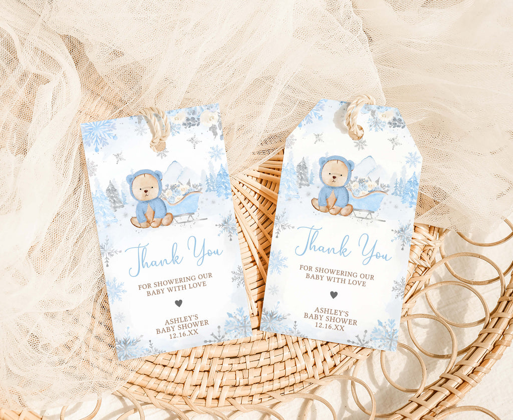 Blue Winter Bear Baby Shower Favor Tag