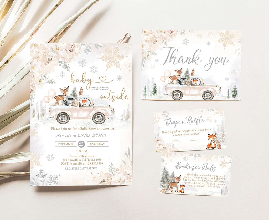 Gender Neutral Winter Woodland Baby Shower Invitation Set