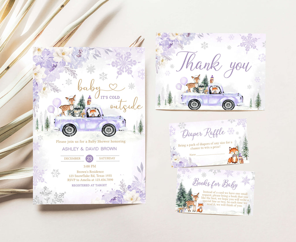 Purple Winter Woodland Baby Shower Invitation Set
