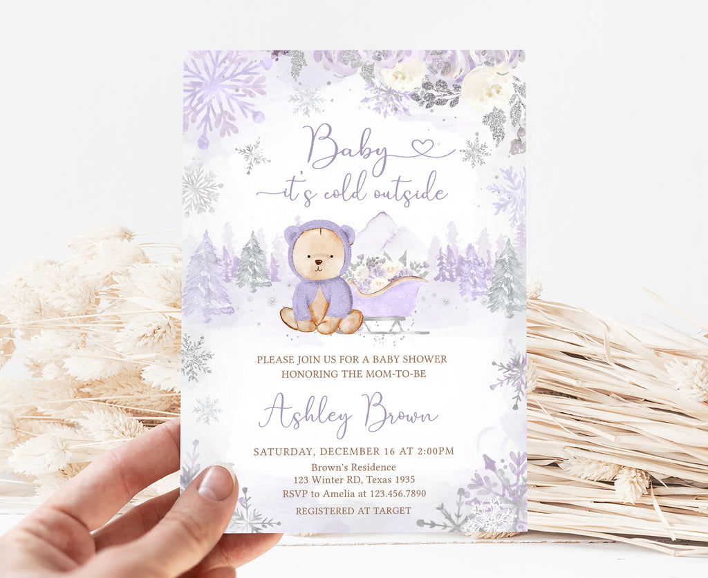 Purple Winter Bear Baby Shower Invitation