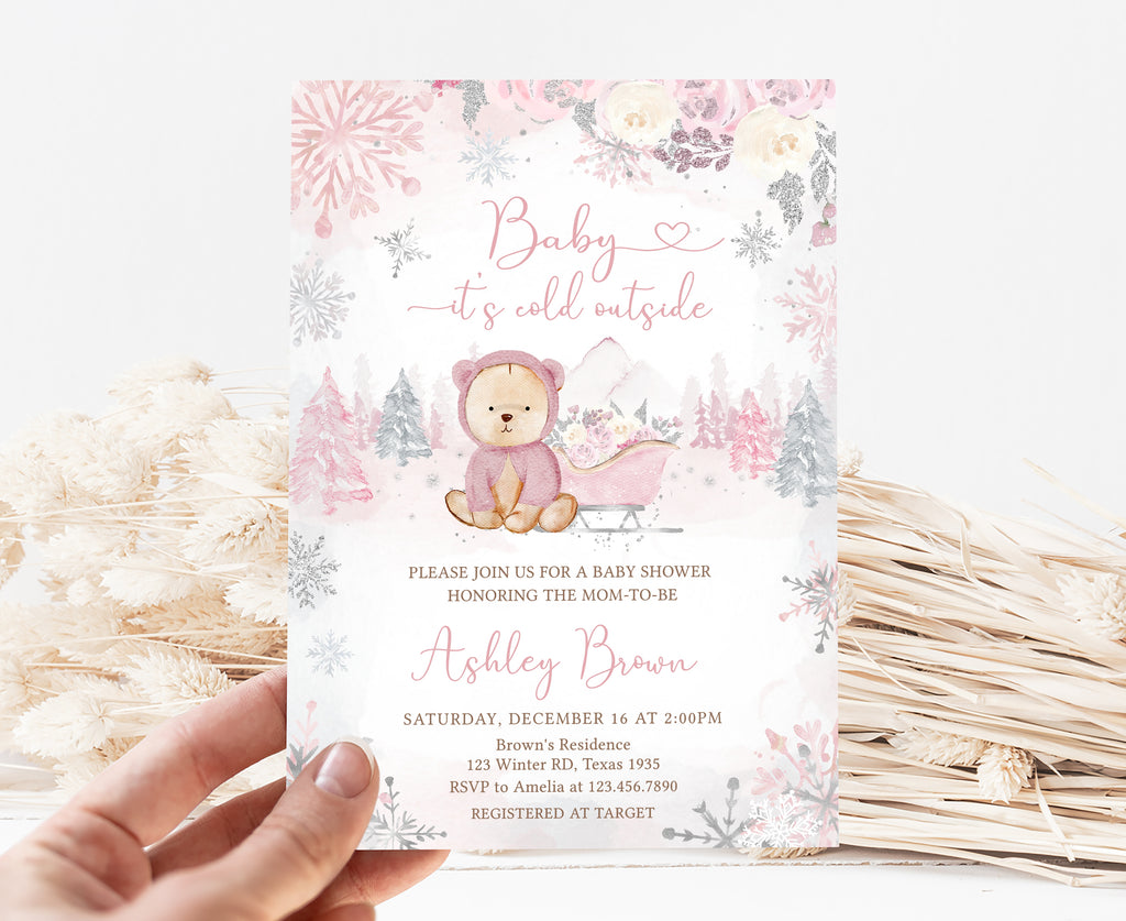 Pink Winter Bear Baby Shower Invitation