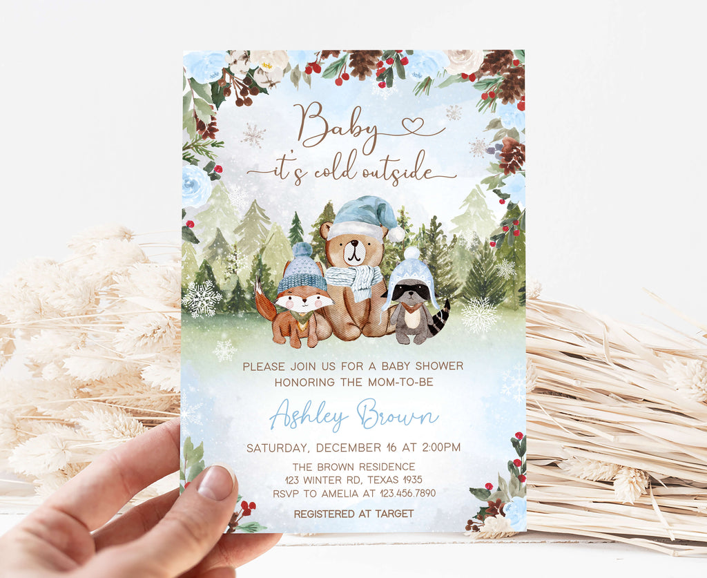 Blue Floral Winter Woodland Baby Shower Invitation