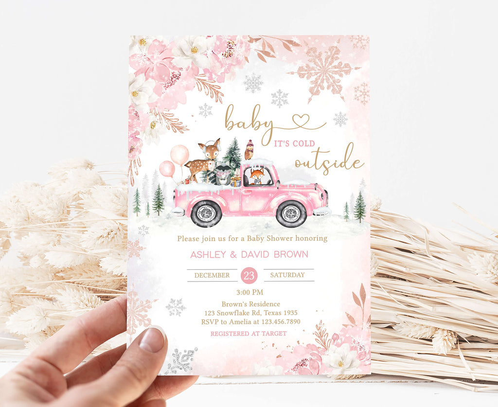 Pink Winter Woodland Baby Shower Invitation