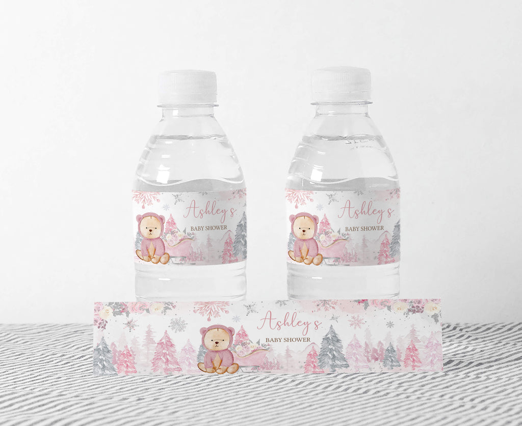 Pink Winter Bear Baby Shower Bottle Label