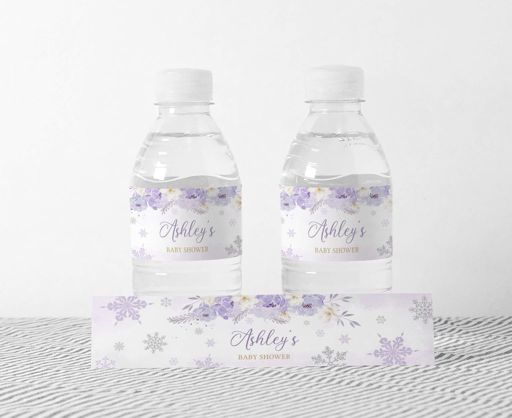 Purple A Little Snowflake Baby Shower Bottle Label