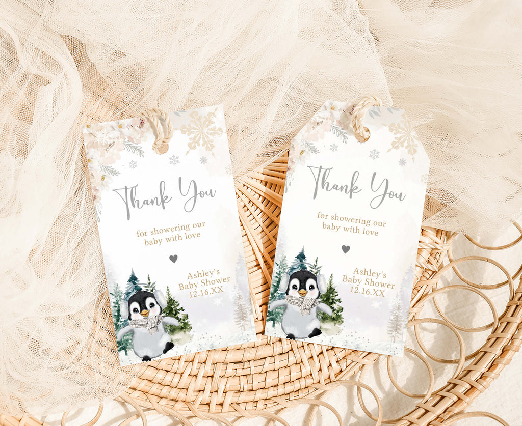 Floral Winter Penguin Baby Shower Favor Tag