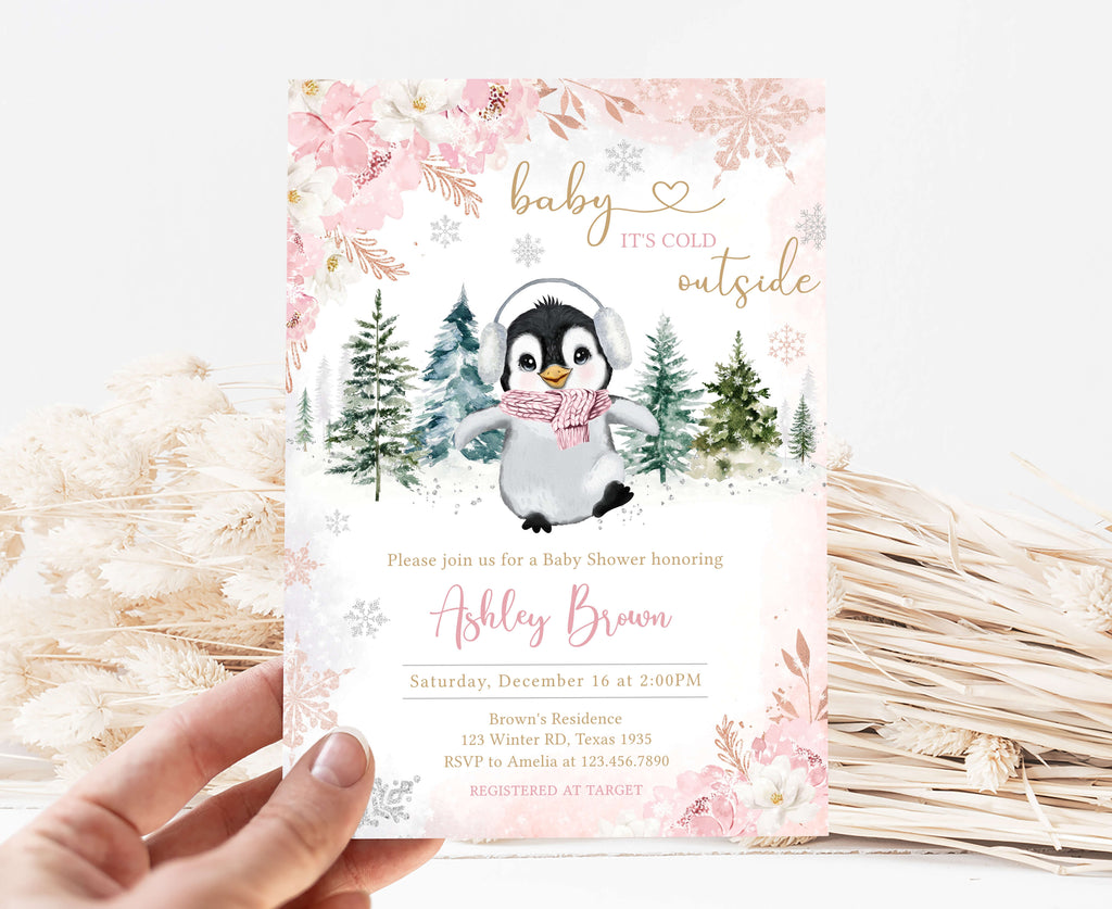 Girl Winter Penguin Baby Shower Invitation