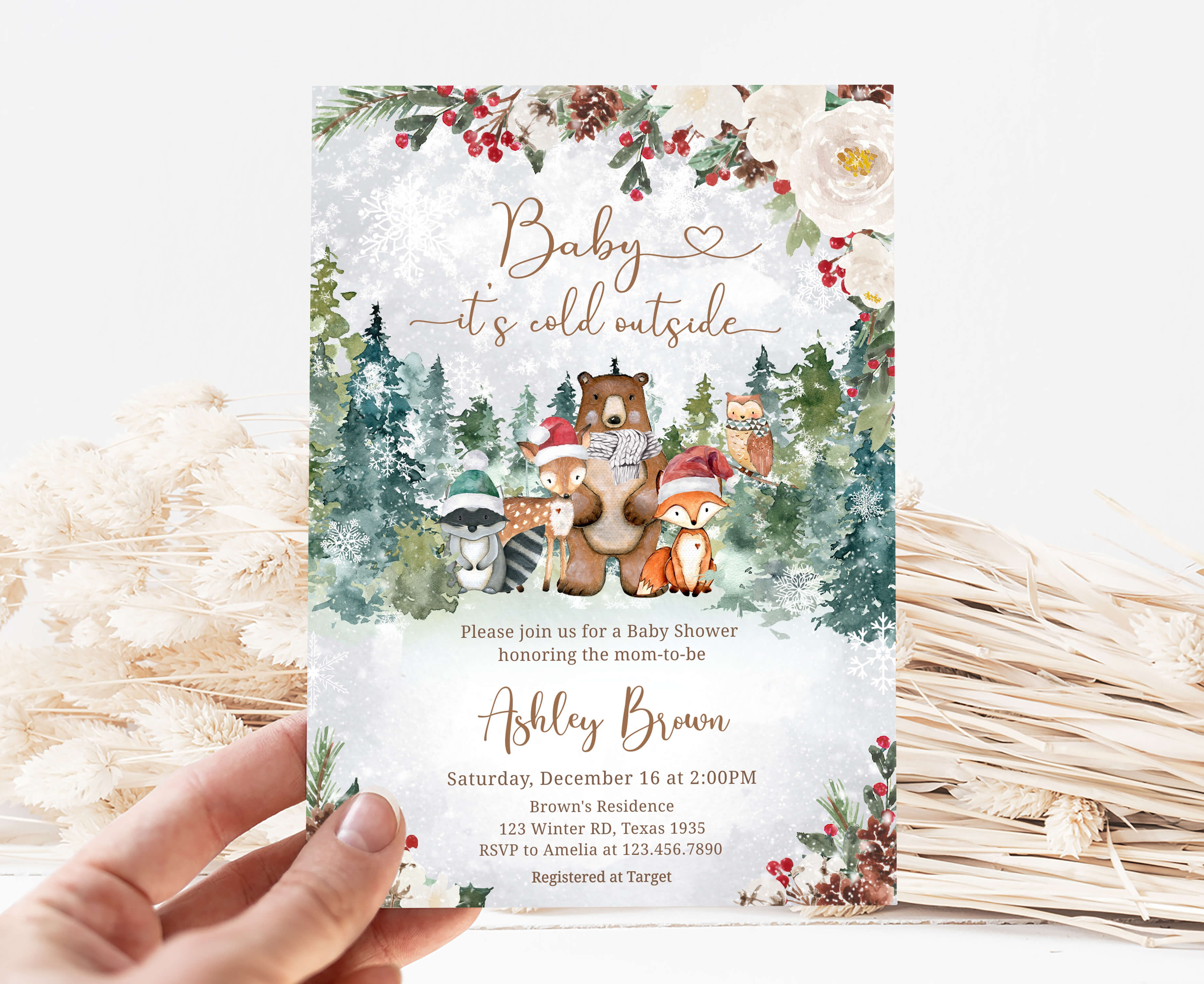 Editable Floral Winter Woodland Baby Shower Invitation Cuddle Palette editable-floral-winter-woodland-baby-shower-invitation-cuddle-palette