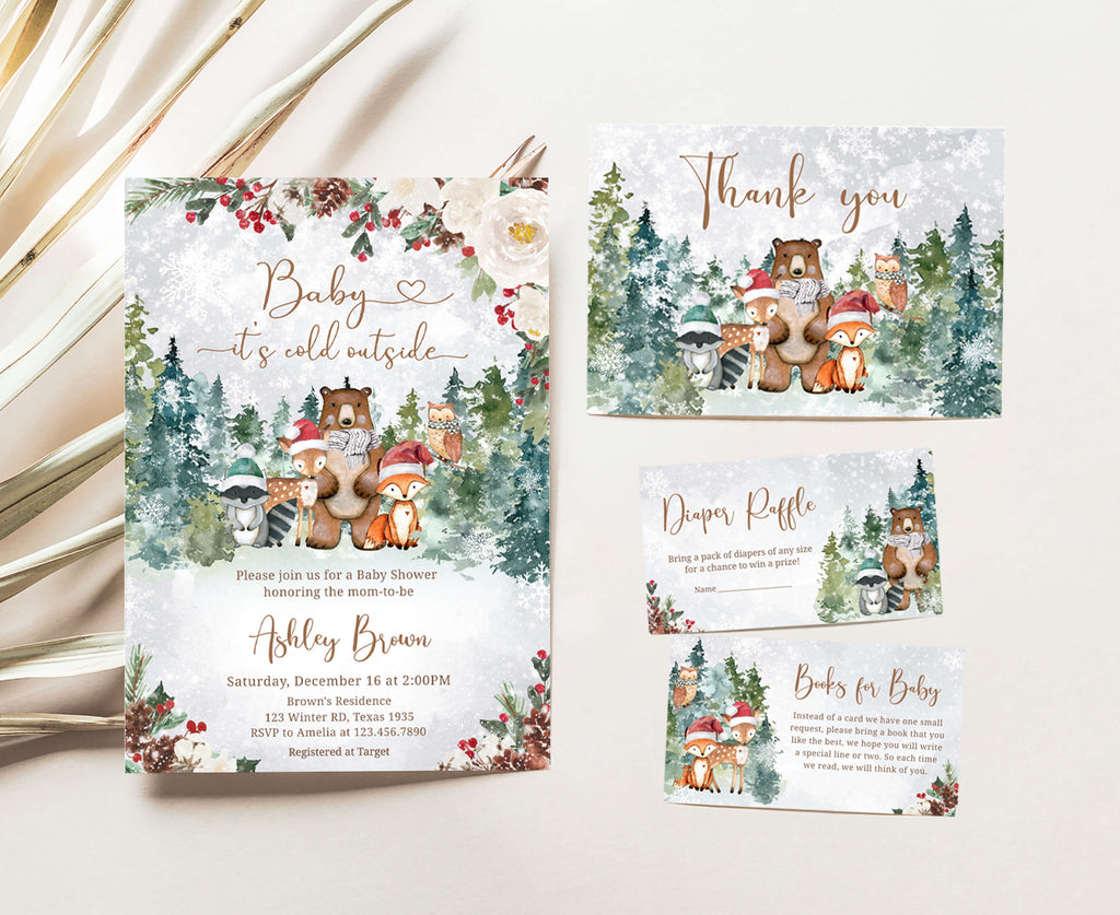 Floral Winter Woodland Baby Shower Invitation Set