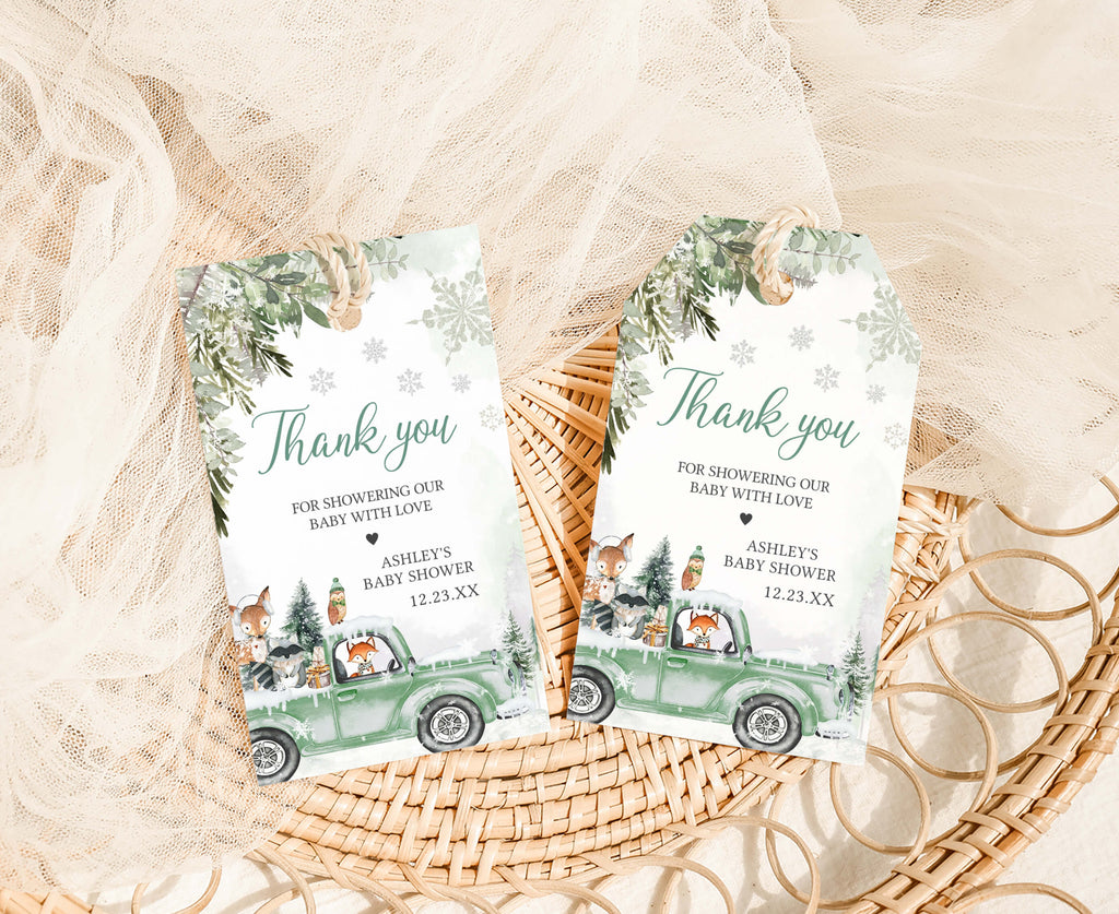 Winter Woodland Sage Green Truck Baby Shower Favor Tag