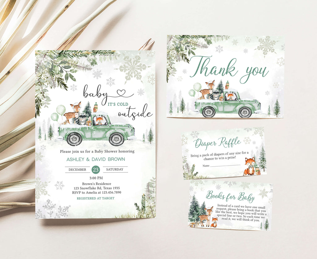 Winter Woodland Sage Green Truck Baby Shower Invitation Set