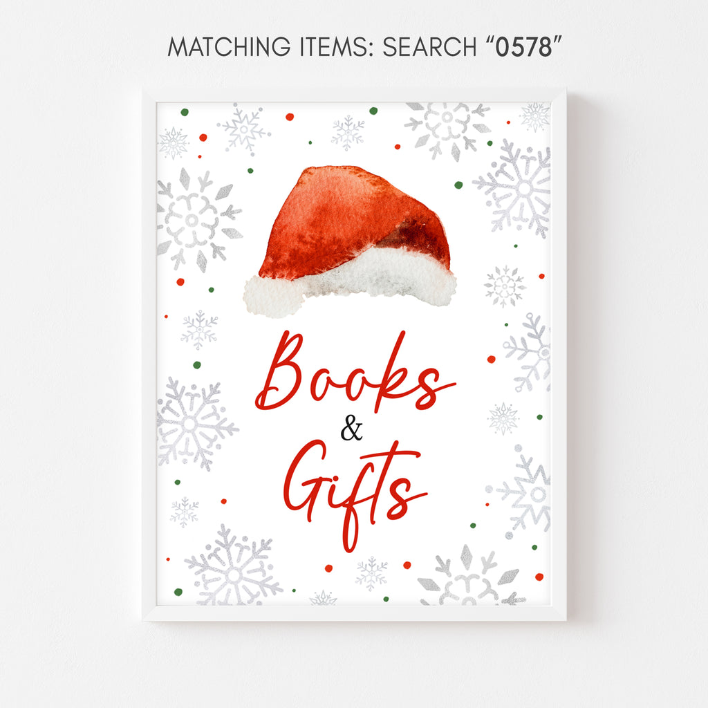 Holiday baby shower "Books and Gifts" sign with winter snowflake design, printable festive gender neutral sign