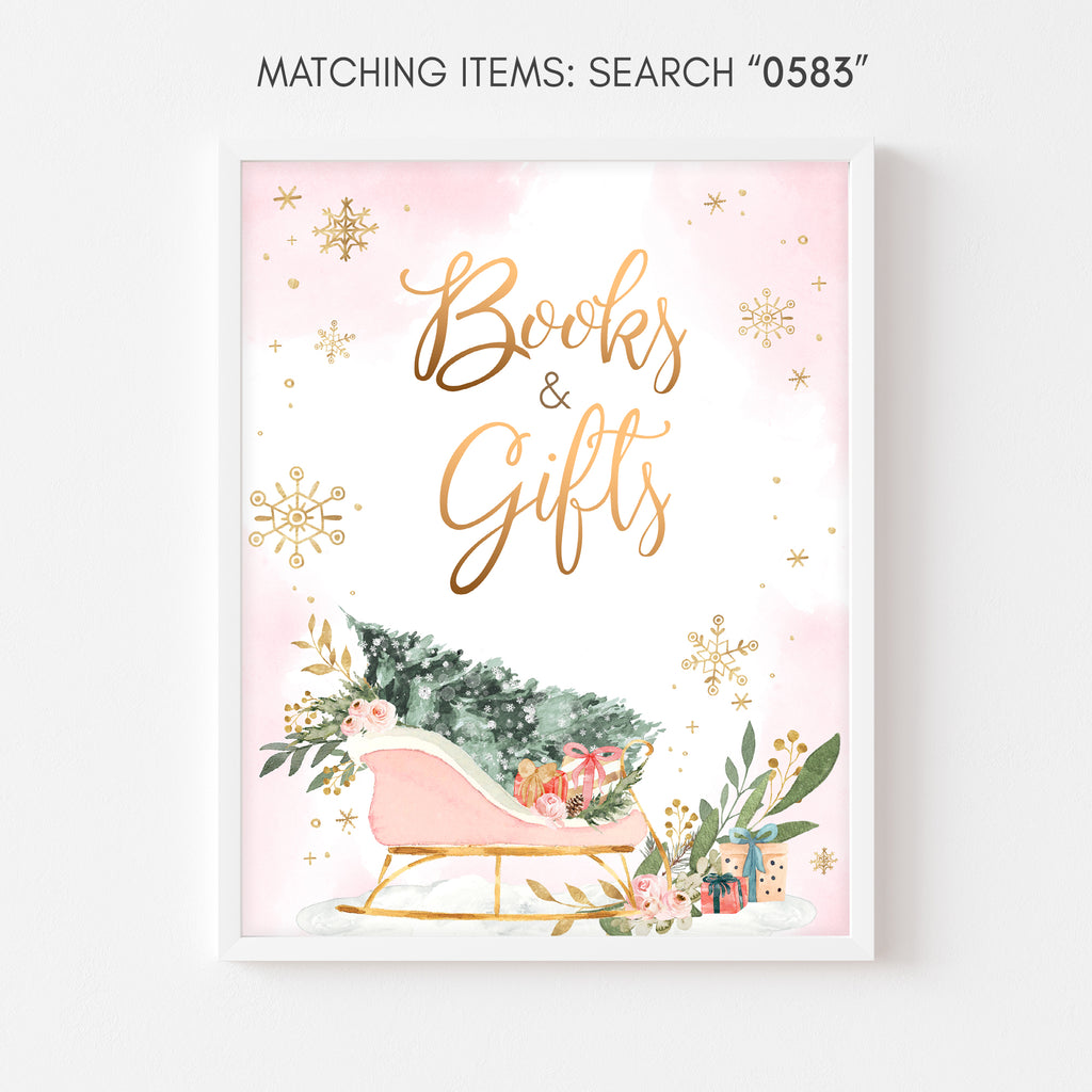 Baby shower books and gifts sign in pink winter wonderland theme for a girl
