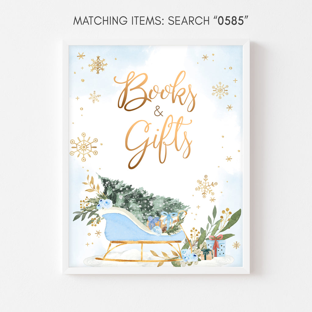 Baby it’s cold outside books and gifts sign boy with winter greenery and snowflakes