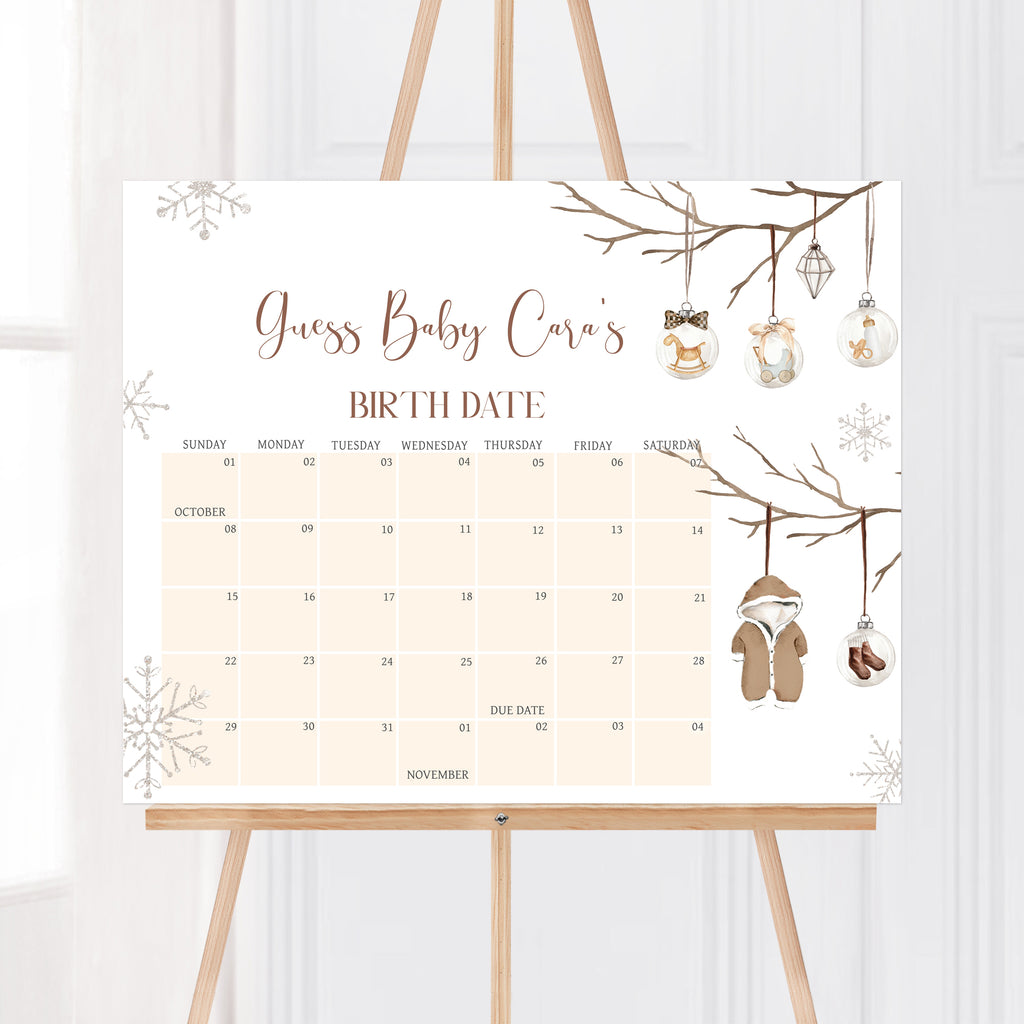 Christmas baby shower due date calendar game, rustic gender neutral winter theme