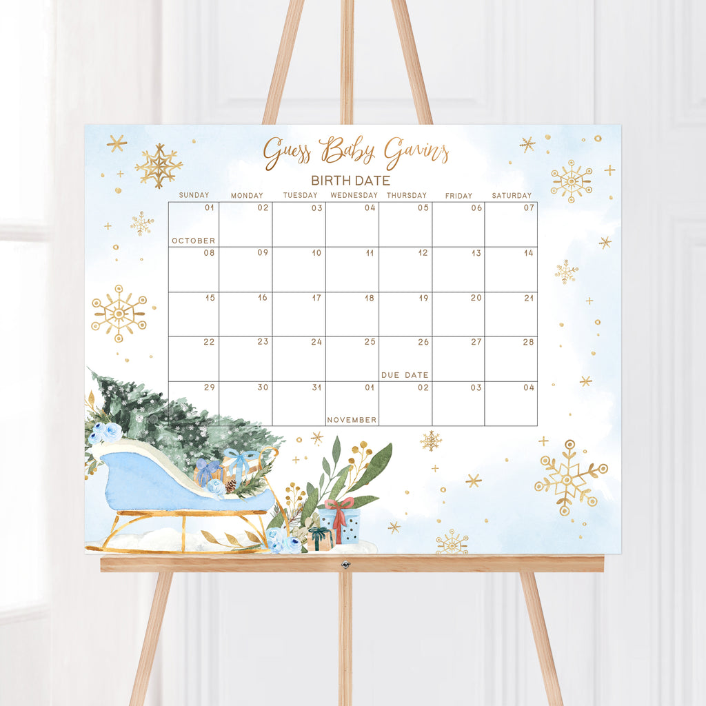 Baby it’s cold outside winter due date calendar for boy baby shower with snowflake theme