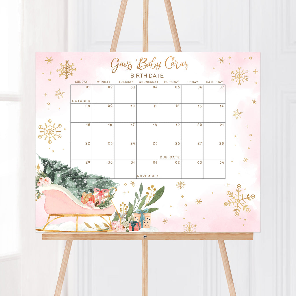 Winter wonderland baby shower due date calendar for girl with pink snowflake design