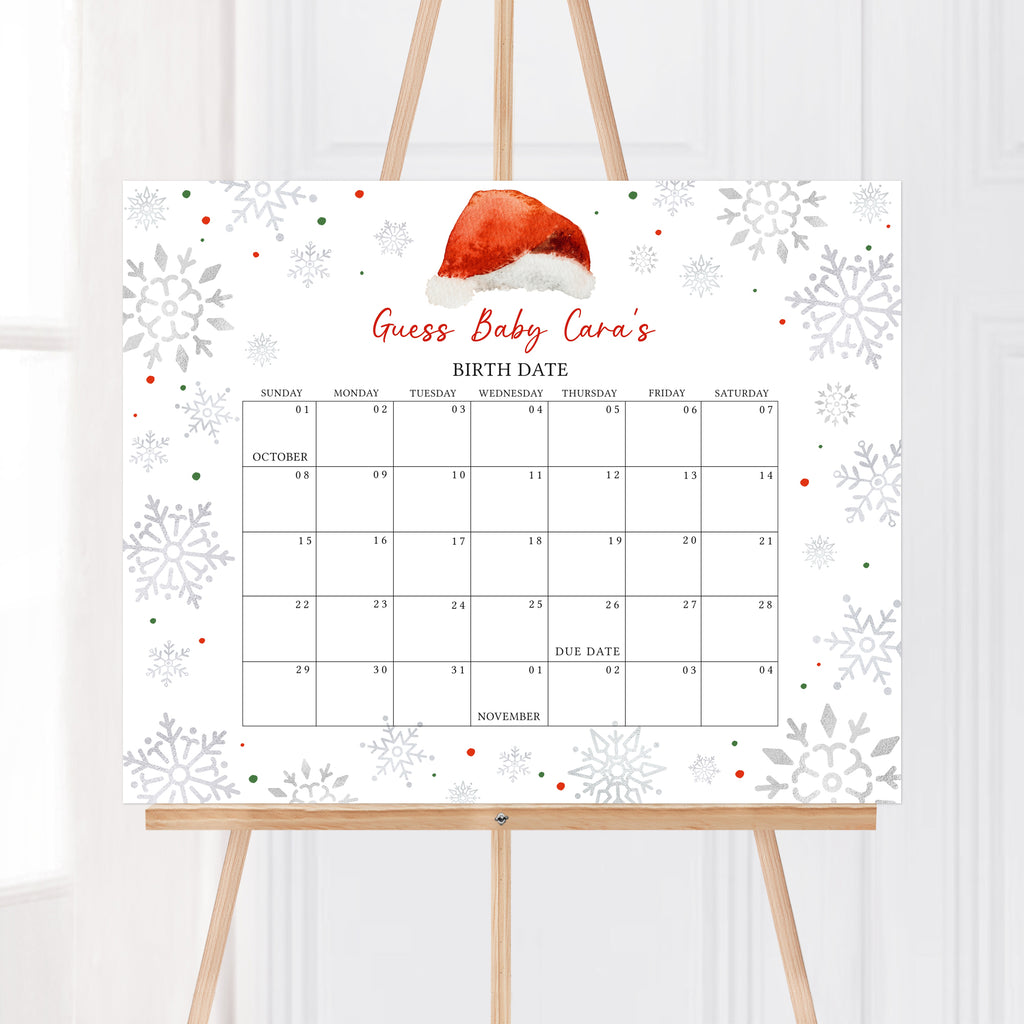 Printable Christmas baby shower due date calendar with winter snowflake theme, gender neutral holiday design