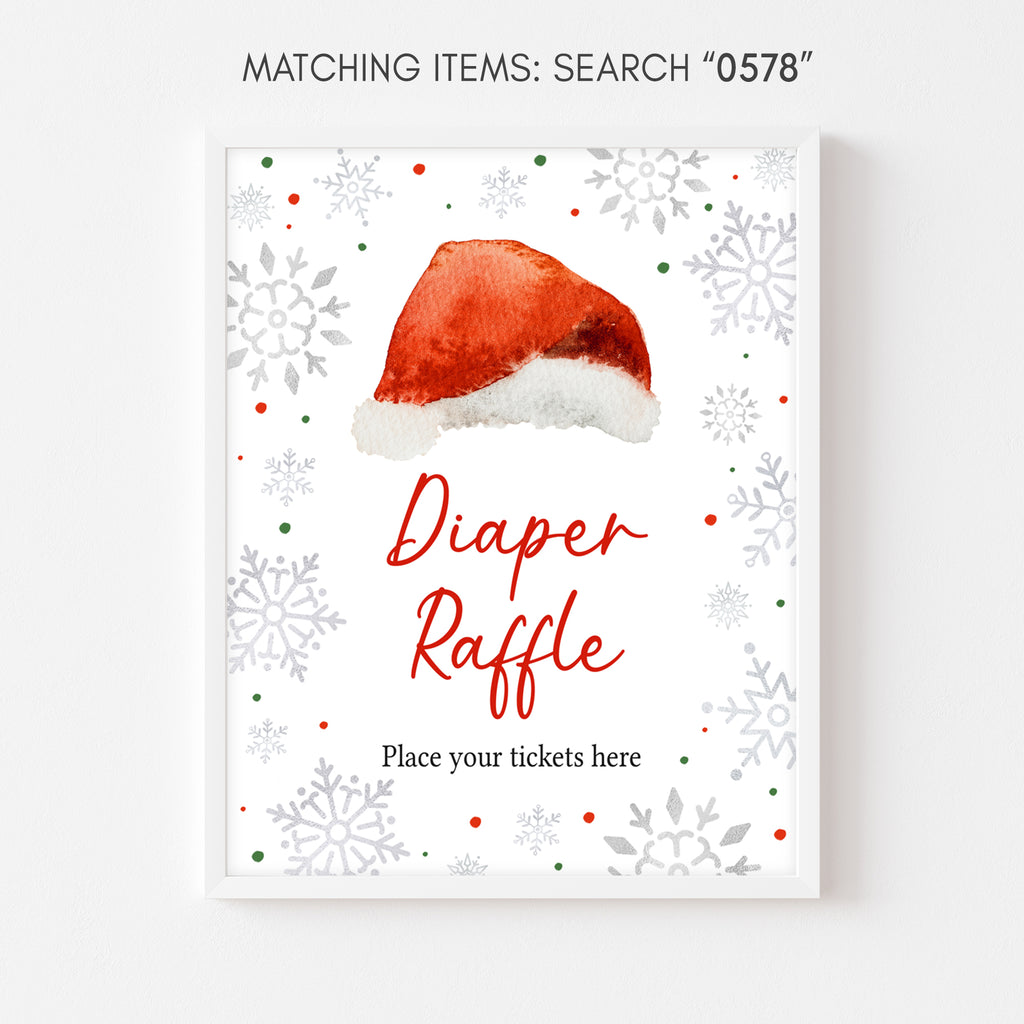 Christmas baby shower diaper raffle sign with Santa hat and snowflakes, gender neutral festive holiday party décor