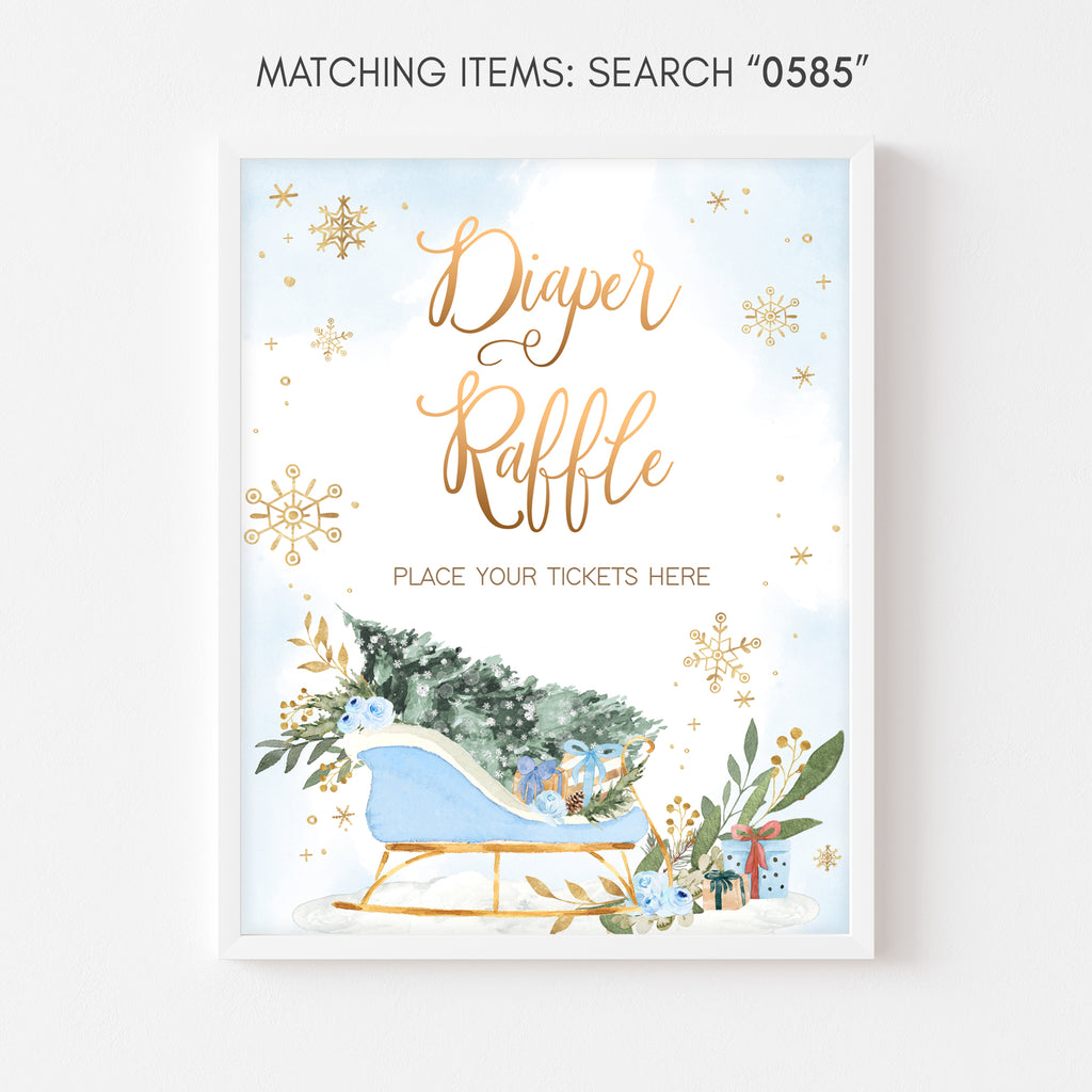 Blue sleigh winter baby shower diaper raffle sign boy with rustic snowflake accents