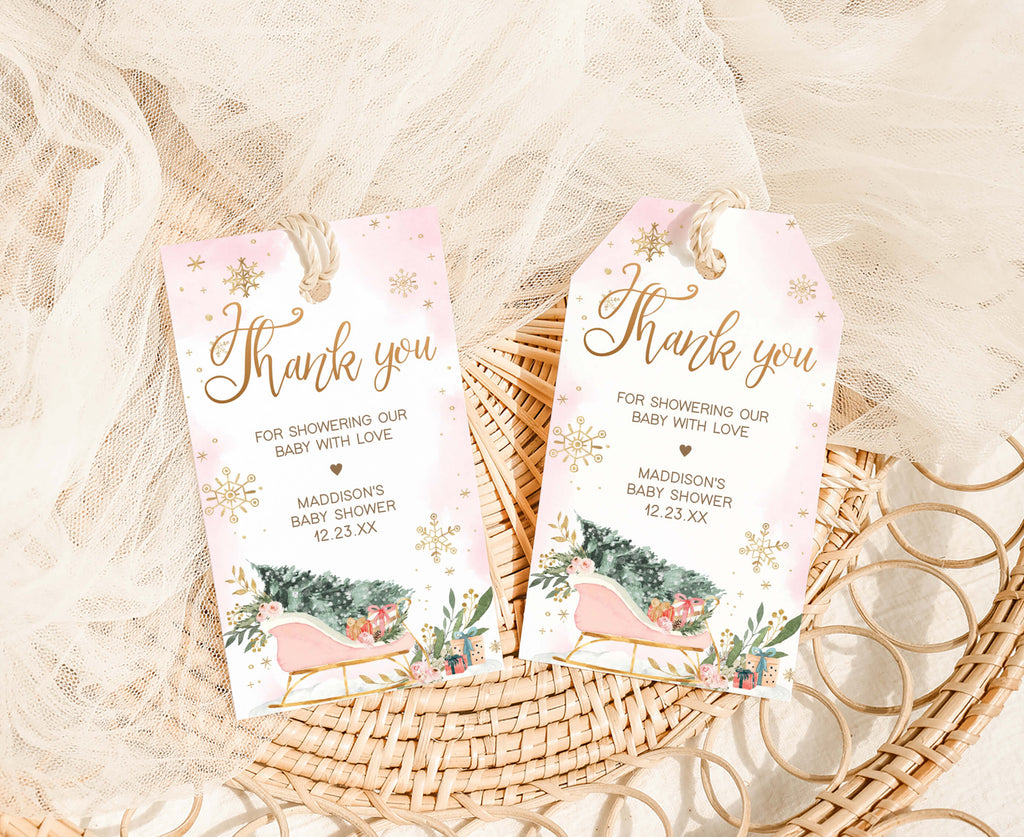 Baby it’s cold outside favor tags for winter baby shower girl in pink snowflake theme