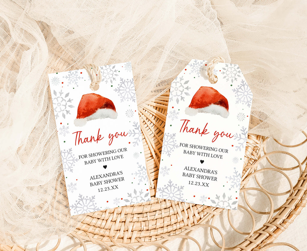 Holiday baby shower favor tags with Santa hat and snowflake design, perfect for festive gender neutral party favors