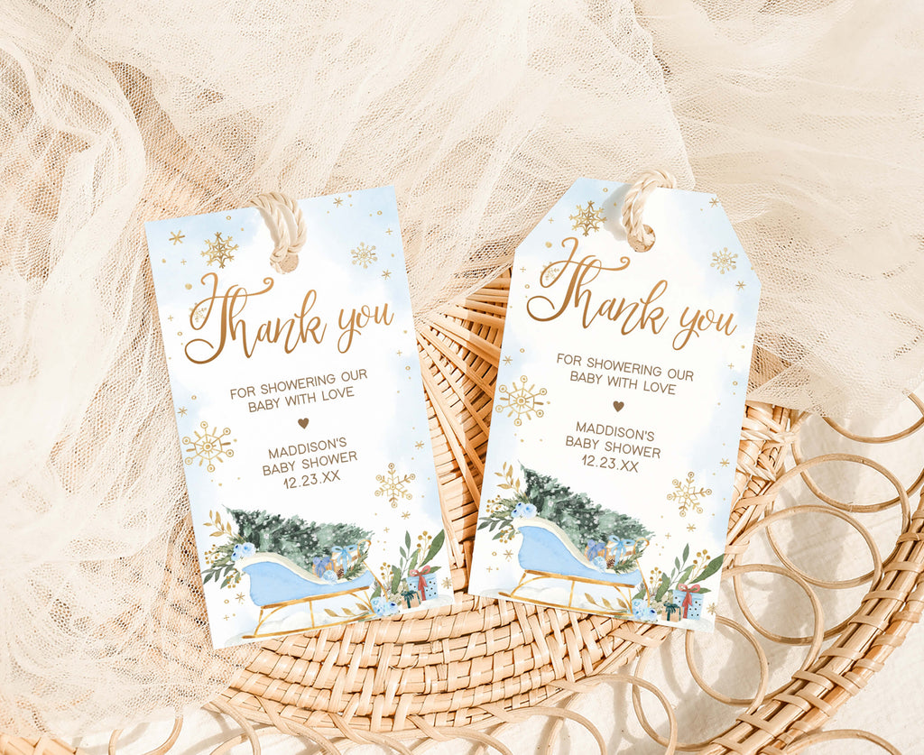 Blue sleigh winter baby shower favor tags boy with snowflakes and rustic greenery