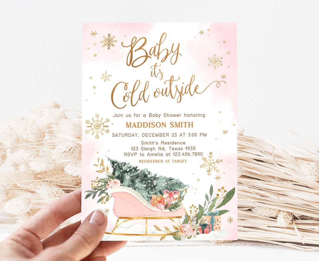 Pink winter wonderland baby shower invitation for girl, Baby it’s cold outside themed baby shower invite