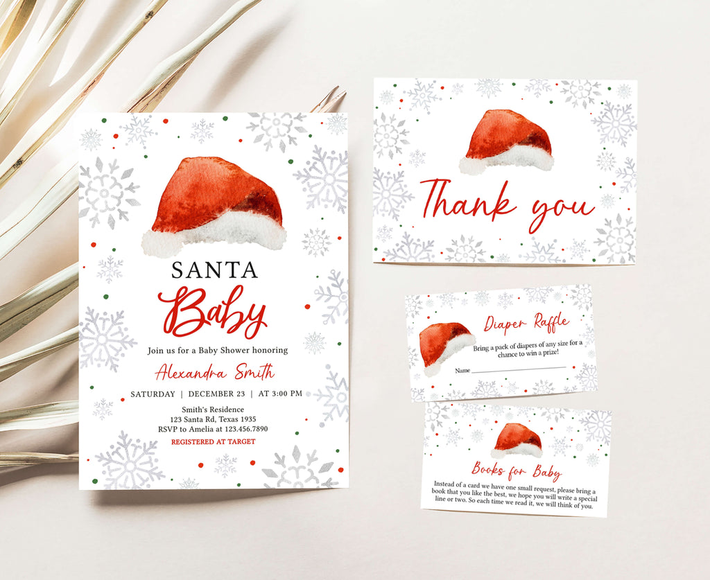 Santa baby shower invitation set with matching holiday designs, printable festive gender neutral winter invites