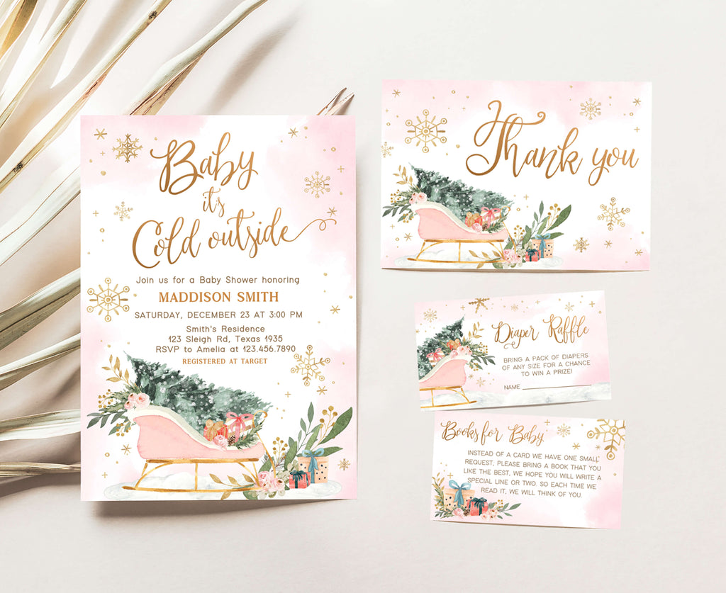 Baby it’s cold outside baby shower invitation set for girl in pink winter wonderland theme